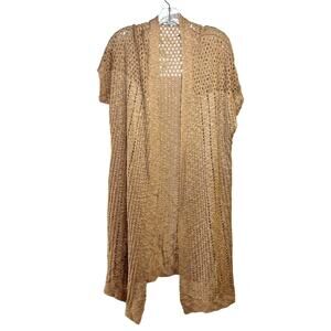 Maxi Sweater Women's Plus 1X Short Sleeve Crochet Longline Open Front Brown